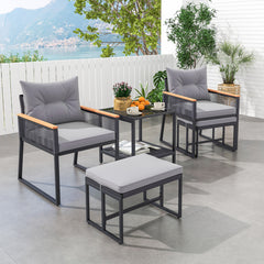 5 Piece Outdoor Rattan Conversation Set with 2-Layer Side Table and 2 Ottomans