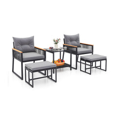 5 Piece Outdoor Rattan Conversation Set with 2-Layer Side Table and 2 Ottomans