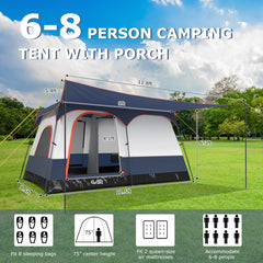 6-8 Person Camping Tent with Double Rooms and 2 Doors