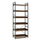 6-Tier Tall Industrial Bookcase with Open Shelves and 4 Hooks