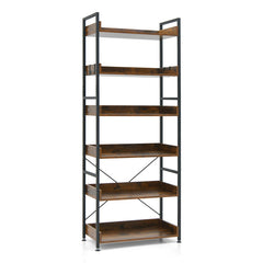 6-Tier Tall Industrial Bookcase with Open Shelves and 4 Hooks