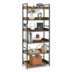 6-Tier Tall Industrial Bookcase with Open Shelves and 4 Hooks