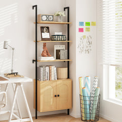 72.5 Inch 6-Tier Wall Mounted Ladder Bookshelf with Rattan Cabinet