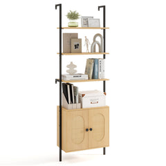72.5 Inch 6-Tier Wall Mounted Ladder Bookshelf with Rattan Cabinet