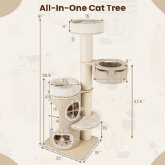 61 Inches Cat Tree for Indoor Cats with 2-stoery Condo and Top Perch