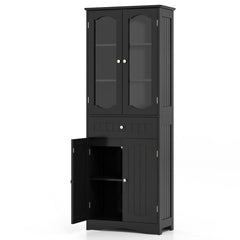 63 Inch Tall Bathroom Storage Cabinet with 2 Glass Doors and Adjustable Shelves Drawer