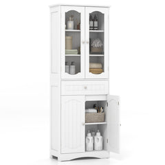 63 Inch Tall Bathroom Storage Cabinet with 2 Glass Doors and Adjustable Shelves Drawer