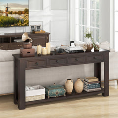 63 Inches Farmhouse Entryway Table with 4 Storage Drawers and Open Shelf