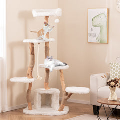 66 Inch Tall Solid Wood Cat Tree Modern Wooden Cat Tower with Perch