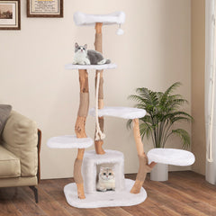 66 Inch Tall Solid Wood Cat Tree Modern Wooden Cat Tower with Perch