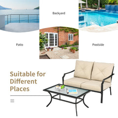 2 Pieces Patio Outdoor Cushioned Sofa Bench with Coffee Table