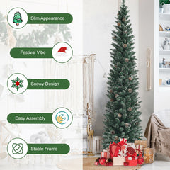 Snowy Artificial Pencil Christmas Tree with Pine Cones