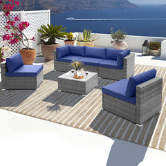 6 Piece Patio Conversation Sofa Set with Tempered Glass Coffee Table