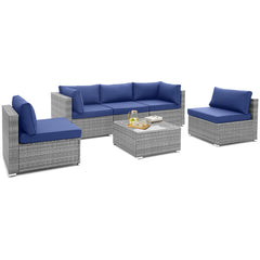 6 Piece Patio Conversation Sofa Set with Tempered Glass Coffee Table