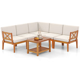 6 Pieces Acacia Wood Patio Furniture Set with Cushions and 2-Tier Coffee Table