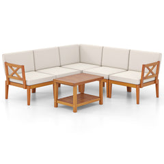 6 Pieces Acacia Wood Patio Furniture Set with Cushions and 2-Tier Coffee Table