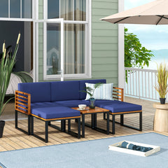 6 Piece Patio Acacia Wood Conversation Sofa Set with Ottomans and Coffee Table