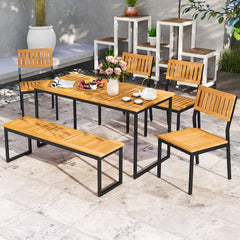 6 Pieces Outdoor Acacia Wood Dining Set with Bench and 2 Inches Umbrella Hole