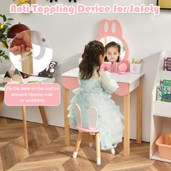 Kids Rabbit Vanity Table Chair Set with Mirror and Drawer