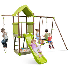 7-in-1 Kids Outdoor Metal Playset with Wave Slide and Climbing Rope