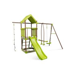 7-in-1 Kids Outdoor Metal Playset with Wave Slide and Climbing Rope
