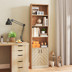 71 Inch 6-Tier Tall Bookshelf with Double Doors 4 Open Cubes