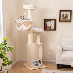 74 Inches Tall Wooden Cat Tower Tree with 2-Story Cat Condo and Washable Cushions