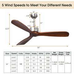 52 Inch Modern Ceiling Fan No Light with Remote Control