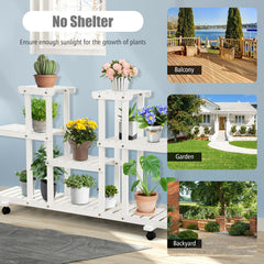 4-Tier Casters Rolling Flower Rack Wooden Plant Stand