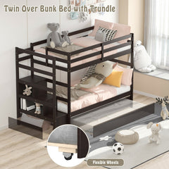 Twin Over Twin Bunk Bed with Storage Shelf and Drawer