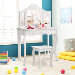 Kids Dressing Vanity Set with Detachable Tri-Folding Mirror and Stool