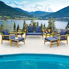 7 Piece Outdoor Conversation Set with Stable Acacia Wood Frame Cozy Seat & Back Cushions