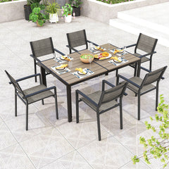 7 Piece Outdoor Dining Set with 6 Stackable Chairs and Large Rectangle Table