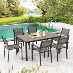 7 Piece Outdoor Dining Set with 6 Stackable Chairs and Large Rectangle Table