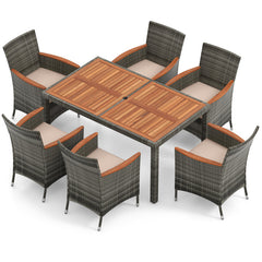 7 Pieces Patio Acacia Wood Cushioned PE Rattan Wicker Dining Set