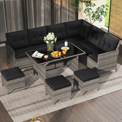 7 Pieces Patio Dining Furniture Set with Soft Cushions and Ottomans