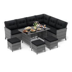 7 Pieces Patio Dining Furniture Set with Soft Cushions and Ottomans