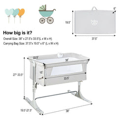 Height Adjustable Baby Side Crib with Music Box & Toys In Light Gray
