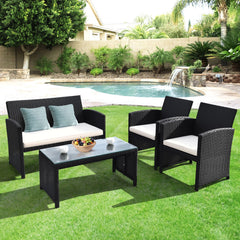 4 Pieces Rattan Patio Furniture Set with Weather Resistant Cushions and Tempered Glass Tabletop
