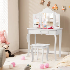 Kids Dressing Vanity Set with Detachable Tri-Folding Mirror and Stool