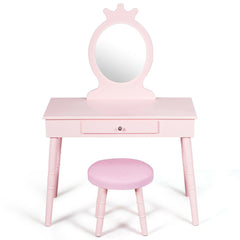 Kids Wooden Princess Makeup Table with Cushioned Stool