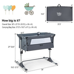 Height Adjustable Baby Side Crib with Music Box & Toys In Dark Gray