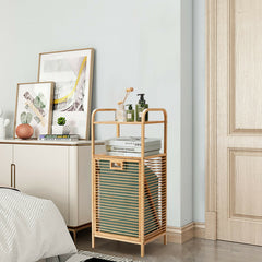 Tilt-out Bamboo Laundry Hamper with 2-Tier Shelf and Removable Liner