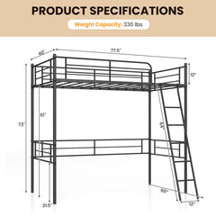Metal Loft Twin Size Bed Frame with Ladder & Safety Guardrail