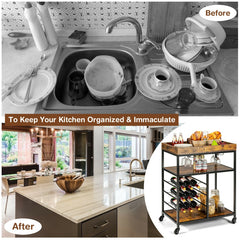 3-Tier Wood Rolling Kitchen Serving Cart with 9 Wine Bottles Rack Metal Frame