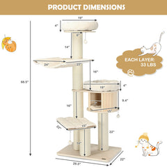 4-Layer 68.5-Inch Wooden Cat Tree Condo Activity Tower with Sisal Posts
