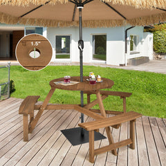 6-person Round Wooden Picnic Table with Umbrella Hole and 3 Built-in Benches