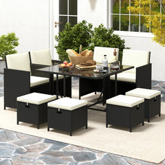 9 PCS Outdoor Dining Furniture Set with Tempered Glass Table and Ottomans