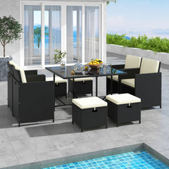 9 PCS Outdoor Dining Furniture Set with Tempered Glass Table and Ottomans