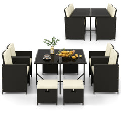 9 PCS Outdoor Dining Furniture Set with Tempered Glass Table and Ottomans